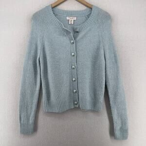 LAURA ASHLEY Sweater S Cardigan Crew Neck Stretch Button Up Long Sleeve Blue
